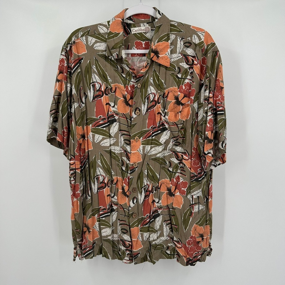 Caribbean Mens Hilo Bay Tropical Hawaiian Camp‎ Shirt Size L Resort Aloha Beach